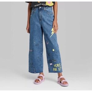 Wild Fable Womens Highest Rise Wide Leg Ankle Jeans Doodle Print Blue 6/28R